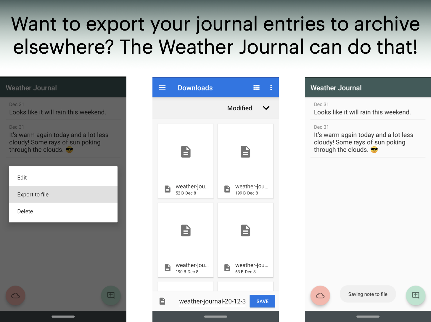 Want to export your journal entries to archive elsewhere? The Weather Journal can do that!